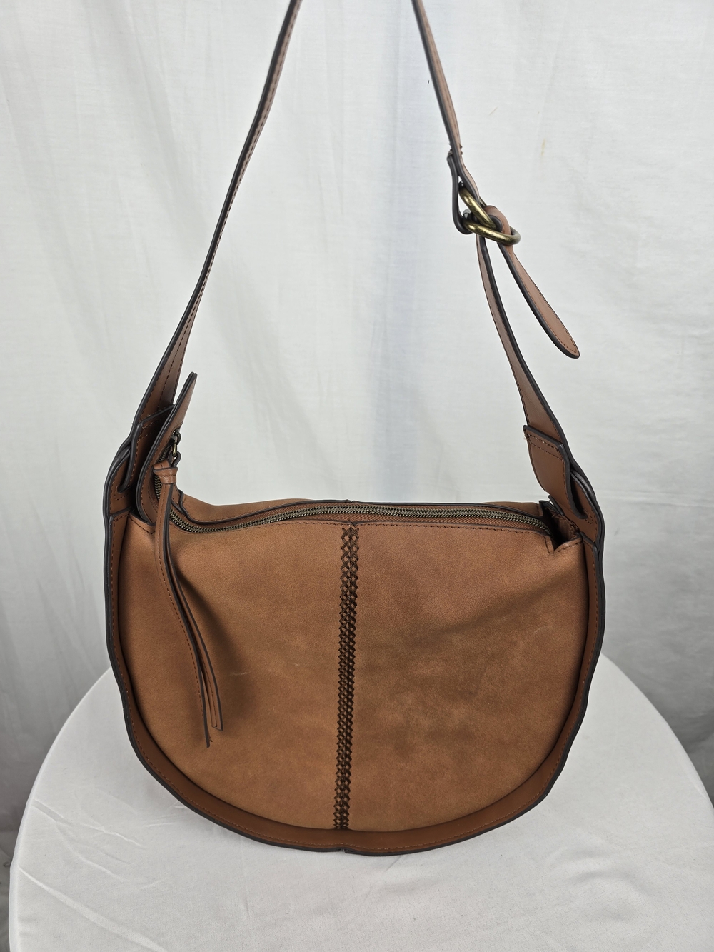 Women's Tan Faux Leather Hobo Shoulder Bag w/Braided Stitch Accent Sz M